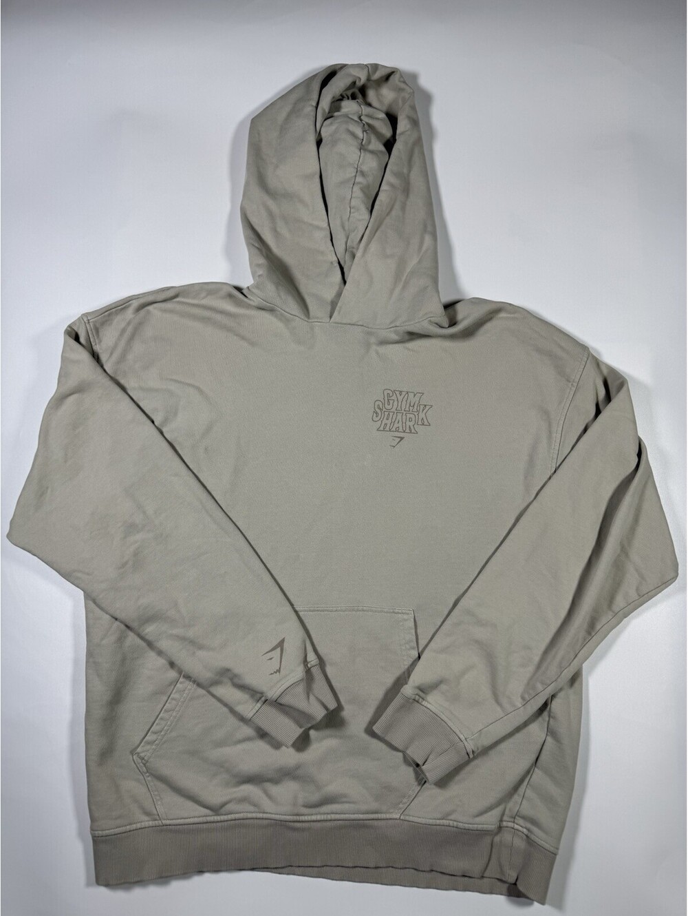 Gymshark Mens Medium Hoodie Gray Beige Oversized Pullover Gym Workout Logo